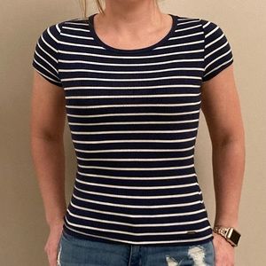 Small navy and white striped crew neck tee